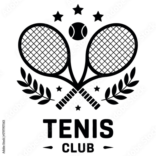 Tennis club logo featuring crossed rackets, a ball, and a laurel wreath.