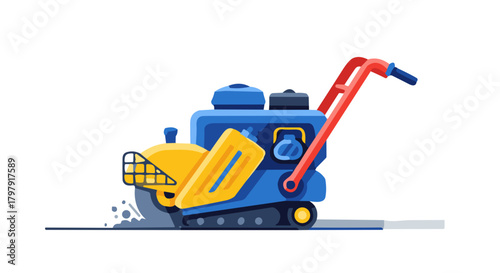 Asphalt cutter in action, cartoon-style illustration in bright colors  