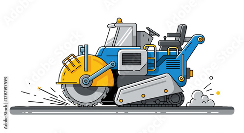 Asphalt cutter in action on a construction site with sparks  