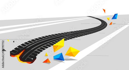 Burnt rubber mark on street with colorful geometric shapes in motion  