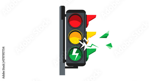 Broken traffic signal with shattered glass and colorful lights  