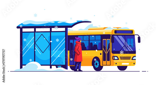 Bus stop during snowstorm with yellow bus and falling snowflakes  