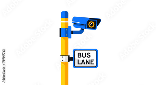 Bus lane camera post with signage in minimalist style and vibrant colors  