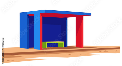Colorful bus stop beside dirt road in simple geometric style  