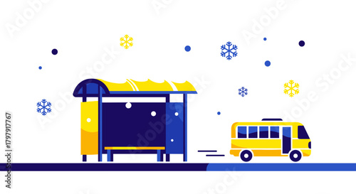 Bus stop during snowstorm with yellow bus and falling snowflakes  