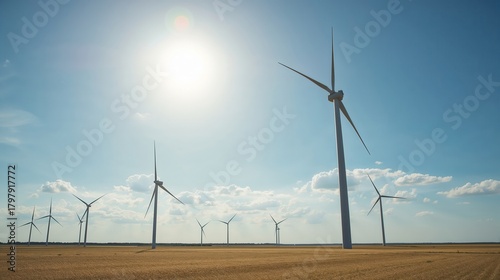 Wind turbines stand tall in a field under a bright, sunny sky, symbolizing green energy.