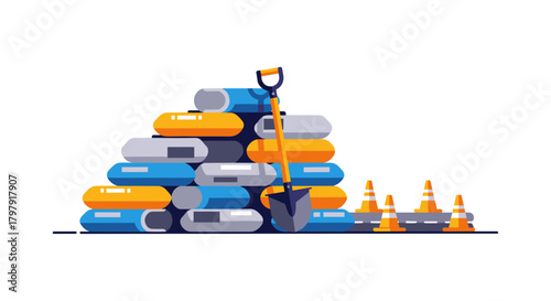 Cement bags at road site with shovel and traffic cones in background  