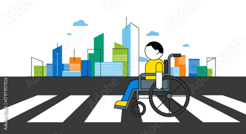 Child in wheelchair crossing the street in urban city landscape  