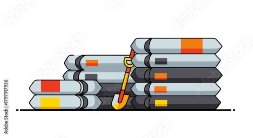 Cement bags at road site with lifting hook in industrial style  