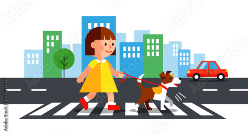 Child crossing street with dog in city wearing yellow dress  