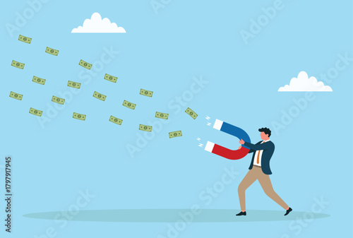 Vector illustration of a businessman using a giant magnet to attract flying dollar bills symbolizing income generation, financial success, and strategic wealth attraction
