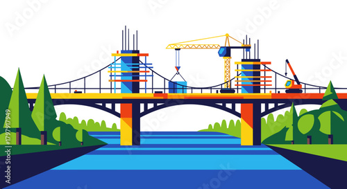 City bridge under reconstruction with construction cranes and trees  
