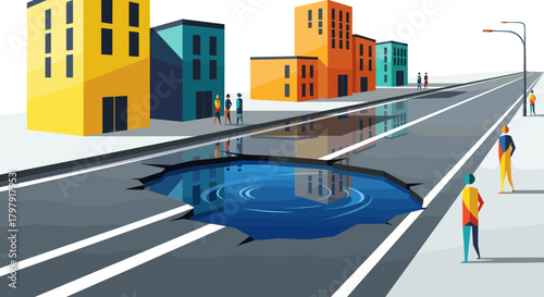 City street with flooded pothole and colorful buildings around  