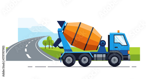 Concrete mixer truck driving on highway with trees and mountains  