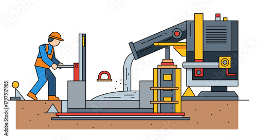 Construction worker using concrete curb forming machine on site  