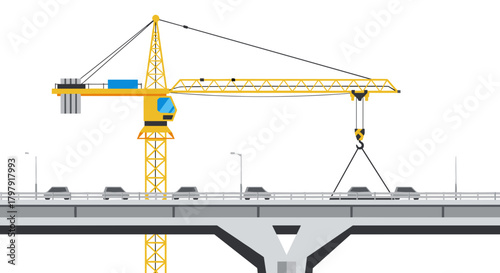 Construction crane near overpass with cars below in urban setting  