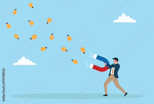 Vector illustration of a businessman using a giant magnet to attract multiple lightbulb, symbolizing creativity, innovation, inspiration, problem-solving, and the power of generating new ideas
