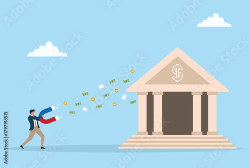 Vector illustration of a businessman attracting money and documents toward a bank with a giant magnet, symbolizing financial attraction, wealth management, savings growth, and smart money strategy
