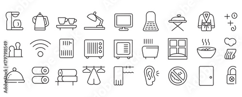 Hotel room amenities seamless line art for hospitality design projects, featuring modern comforts and services for a relaxing and convenient stay experience