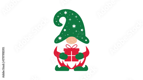A festive christmas gnome wearing a tall pointed green hat adorned with stars and holding a red gift box silhouette