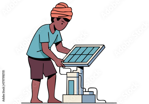 A man cleans a solar panel, adjusting its angle. Simple illustration style, clean background. Focus on sustainable energy and maintenance.