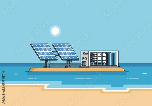 A modern solar water purification system operates by the sea. Solar panels power a reverse osmosis unit, providing clean water. Bright, clean, and sustainable.