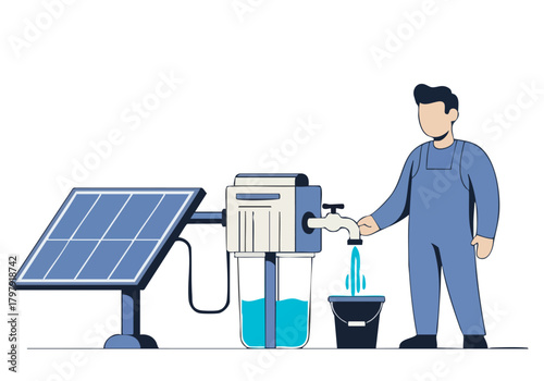 A man operates a solar water pump, filling a bucket. Clean, modern illustration showcasing sustainable technology and water access. Ideal for environmental or utility themes.