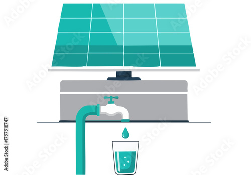 modern illustration depicts a solar panel system providing clean water The design showcases sustainable technology and a refreshing water source ideal for environmental or tech-related visuals