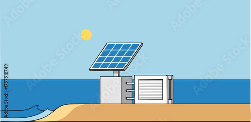 A modern solar water system thrives by the sea. A solar panel and storage unit are positioned against a sandy coastline, illuminated by the sun. Clean, bright, and sustainable.