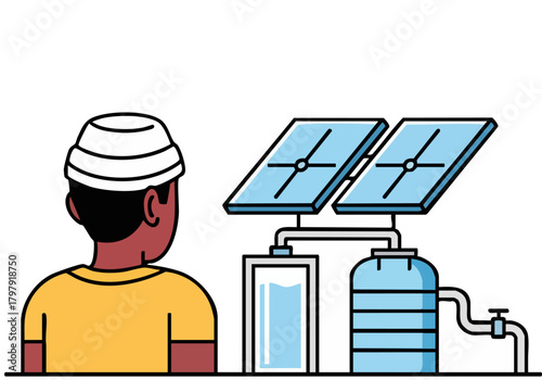 A man monitors a solar water pump system, providing clean water. A modern, sustainable solution. Clear, bright illustration.
