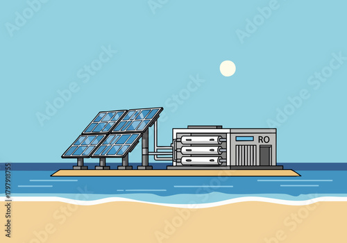 A modern solar water purification system utilizes solar panels and reverse osmosis technology, set against a coastal backdrop. Clean, bright illustration for sustainable energy concepts.