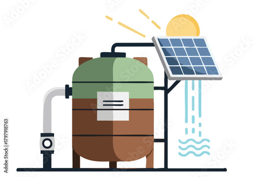 A modern solar water system illustration. A tank with solar panels provides clean water. Bright, clean design for sustainable living concepts.