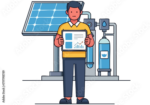 A professional man checks data on a tablet while overseeing a solar-powered water purification system. Modern, clean illustration.
