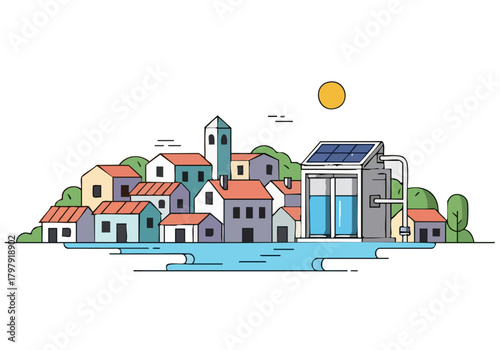 stylized illustration depicts a charming coastal village with a modern solar panel system Clean lines and vibrant colors create a visually appealing