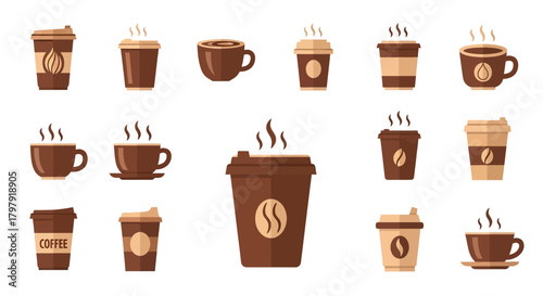 Set of coffee cups, mugs, and takeaway containers with steam