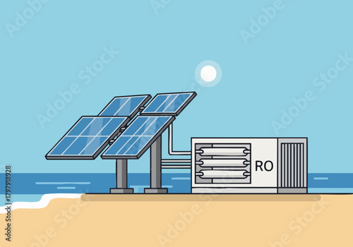 Solar water system illustration. Panels generate power, feeding into a heat pump. Bright, clean design, ideal for sustainability concepts. Perfect for commercial use.