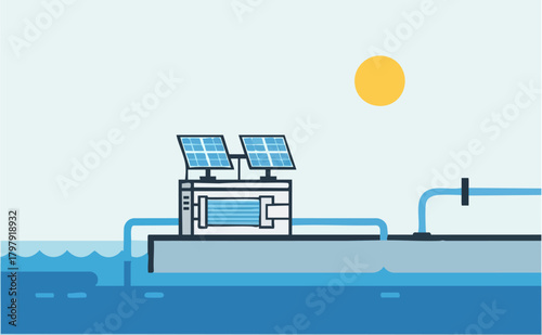 Solar-powered water purification system delivers clean water Modern illustration showcases sustainable technology and bright natural setting Ideal for environmental and renewable energy concepts