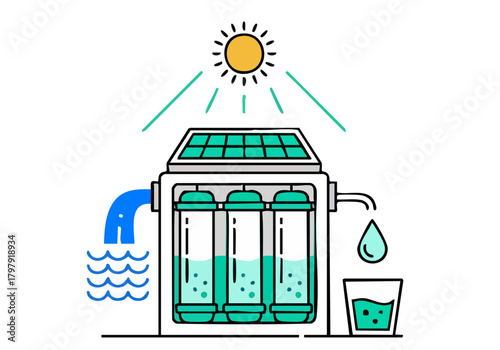 stylized illustration depicts solar water purification Sunlight shines on a filtration system delivering clean water Modern bright and informative design