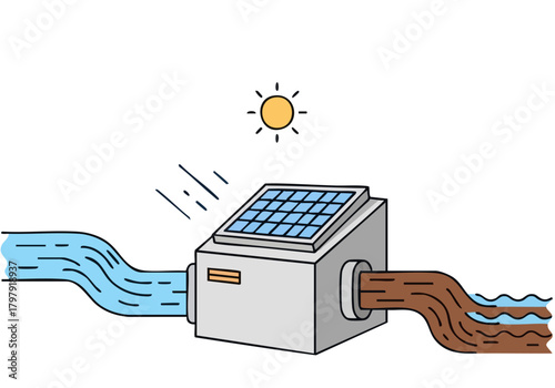 stylized illustration showcases sustainable flow tech - solar panels powering a water purification system Bright sun flowing water and a modern design highlight eco-friendly innovation