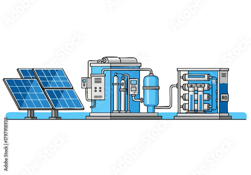 A stylized illustration depicts a solar-powered water purification system. Solar panels feed into a complex filtration unit, showcasing sustainable water technology. Clean, modern design.