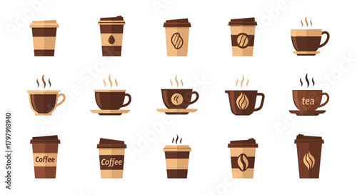 Diverse coffee and tea cups and takeaway containers vector set