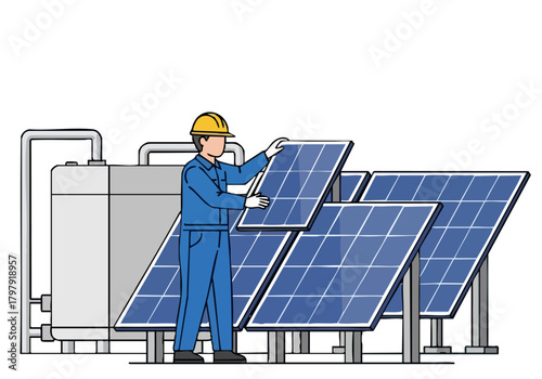 A technician adjusts solar panels, ensuring optimal energy production. Clean lines and a modern industrial setting highlight sustainable energy technology.