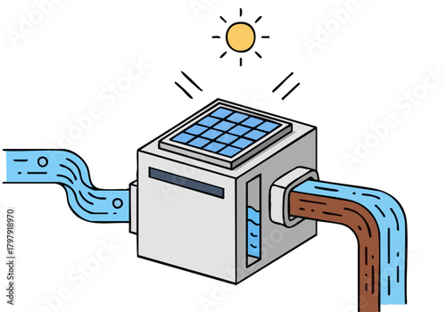 stylized illustration showcases sustainable flow tech utilizing solar power and water flow Clean lines and bright colors highlight an efficient eco-friendly design 