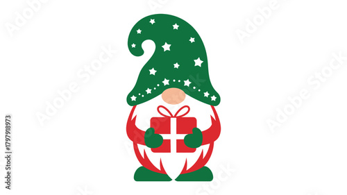 Charming christmas gnome holding a red gift box with a bow in its hands wearing a green patterned hat and festive clothing silhouette