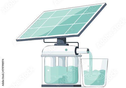 Sustainable solar-powered desalination technology provides clean water. A solar panel powers a water filtration system, showcasing a green and innovative solution. Modern, clean design.