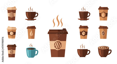 Set of various hot coffee cups, mugs, and disposable containers.