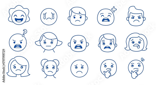 Outline emoji faces displaying diverse human emotions and moods