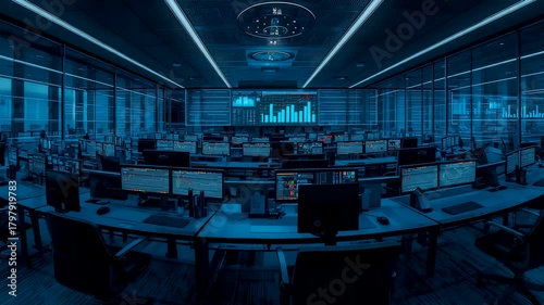Empty modern trading floor with glowing stock market charts on large central screen at night