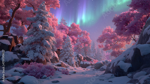 Winter landscape filled with pink trees and magical auroras under a starry night sky creating a fantasy scene of tranquility and beauty