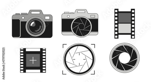 Photography and film icons with camera, film reel, and aperture.
